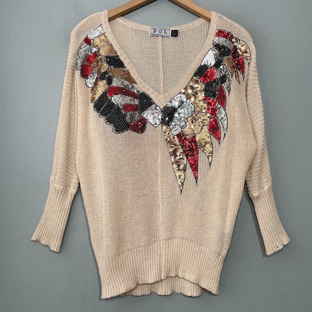 Vintage POL Lightweight Size L Beige Embellished Sequin Sweater Glam Grunge Goth